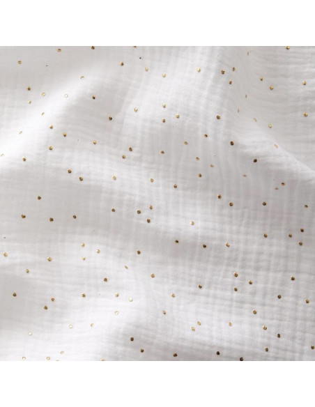 Tissu double gaze de coton mini pois dorés - Blanc
