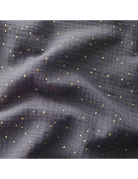 Tissu double gaze de coton mini pois dorés - Gris foncé
