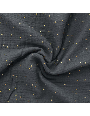 Tissu double gaze de coton mini pois dorés - Gris foncé
