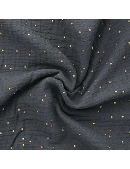 Tissu double gaze de coton mini pois dorés - Gris foncé