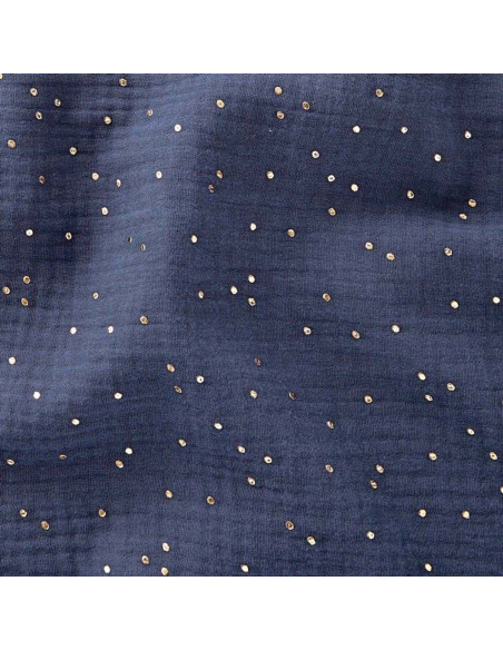Tissu double gaze de coton mini pois dorés - Indigo