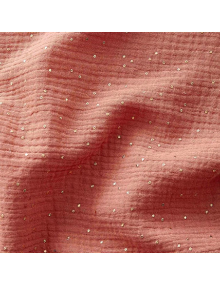 Tissu double gaze de coton mini pois dorés - Marsala