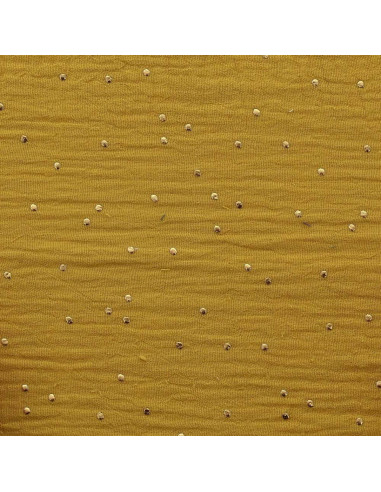 Tissu double gaze de coton mini pois dorés - Moutarde