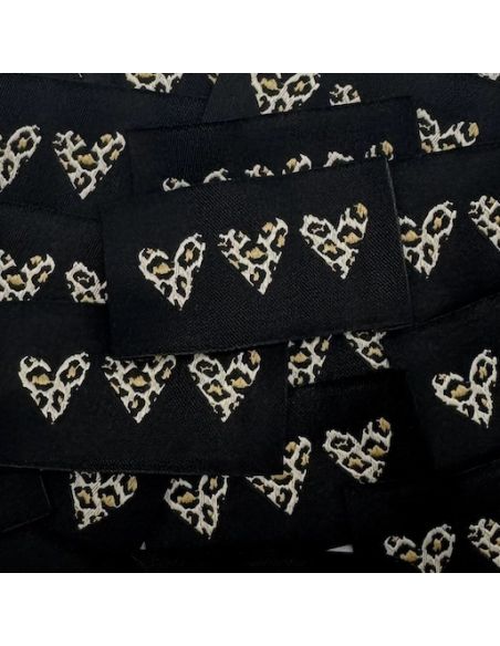 Lot de 5 étiquettes tissées à coudre - 3 coeurs léopard