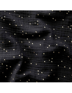 Tissu double gaze de coton mini pois dorés - Noir