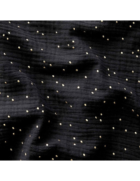 Tissu double gaze de coton mini pois dorés - Noir