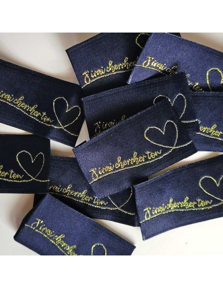 Lot de 5 étiquettes tissées à coudre J'irai chercher ton coeur - Marine