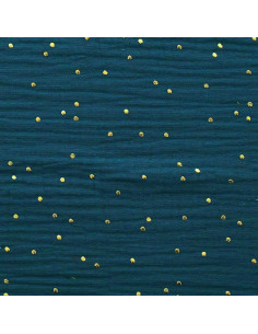 Tissu double gaze de coton mini pois dorés - Paon 2