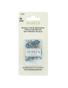 Boite de 80 épingles extra-fines tête de verre Murano bleu turquoise Bohin