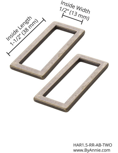 Set de 2 boucles rectangulaires 13 x 38 mm laiton antique