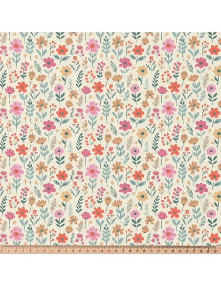 Tissu coton déperlant - Maddy écru et rose