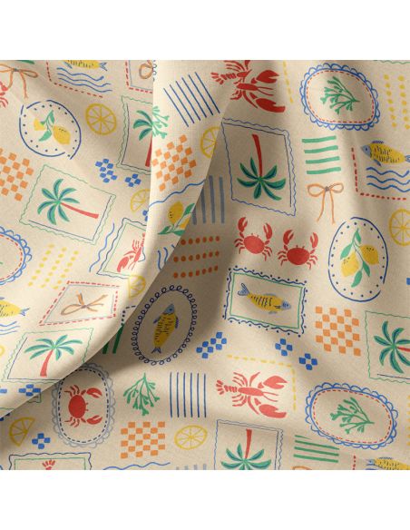 Tissu coton déperlant - Cagli écru et bleu