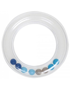 Anneau hochet transparent avec perles 80 mm - Bleu