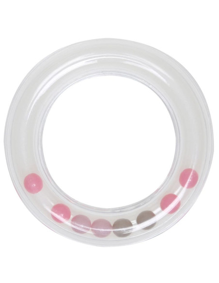 Anneau hochet transparent avec perles 80 mm - Rose