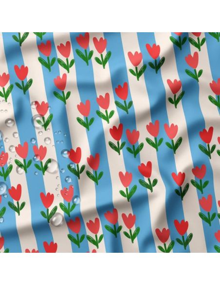 Tissu imperméable pour ciré - Tulip bleu et écru