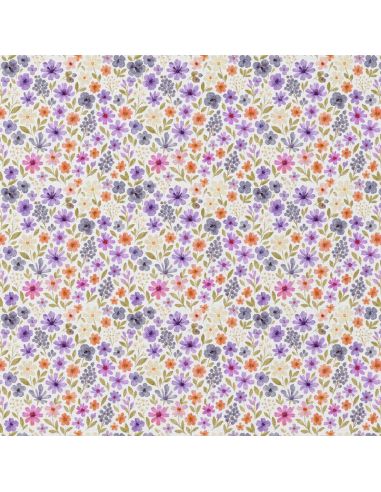 Tissu popeline de coton - Rozen blanc et violet