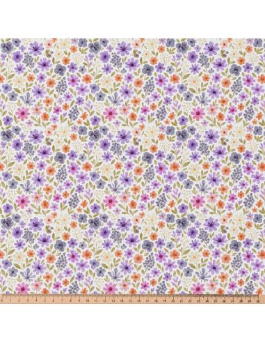 Tissu popeline de coton - Rozen blanc et violet