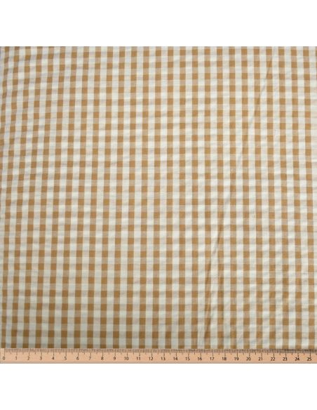Tissu Seersucker à carreaux - Vert clair et bronze