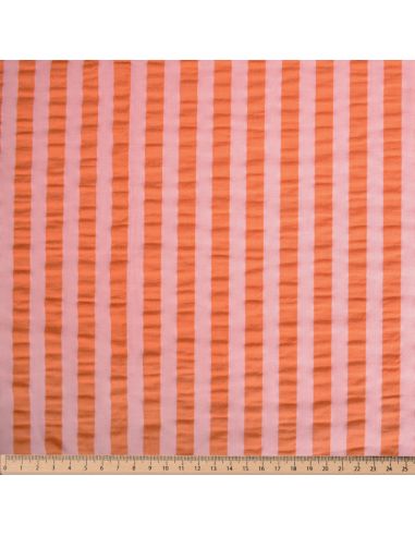 Tissu Seersucker à rayures larges - Rose et tangerine