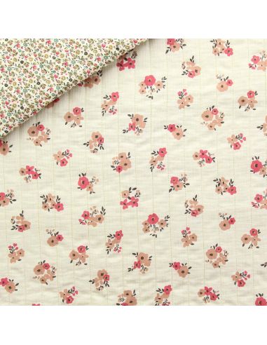 Tissu coton matelassé double face Molisa - Écru et rose