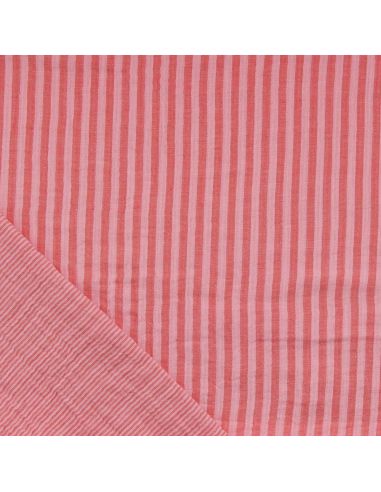 Tissu double gaze gaufrée rayures - Rose et cerise