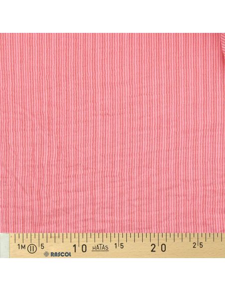 Tissu double gaze gaufrée rayures - Rose et cerise
