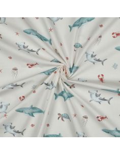 Tissu popeline de coton fonds marins - Blanc cassé