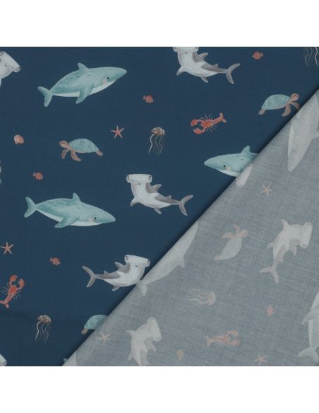 Tissu popeline de coton fonds marins - Bleu pétrole