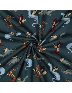 Tissu popeline de coton dragons - Bleu pétrole foncé