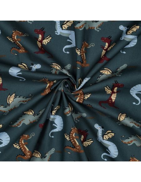 Tissu popeline de coton dragons - Bleu pétrole foncé