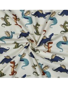 Tissu popeline de coton dragons - Blanc cassé