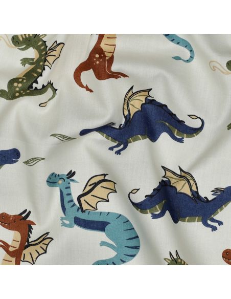 Tissu popeline de coton dragons - Blanc cassé