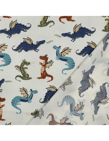 Tissu popeline de coton dragons - Blanc cassé