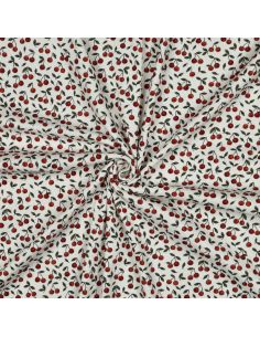 Tissu jersey coton maille côtelé - Cerises fond blanc cassé