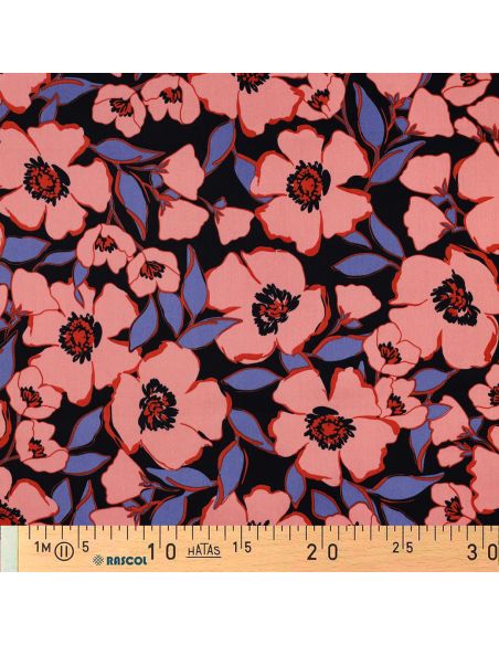 Tissu coton effet satiné - Fleurs corail