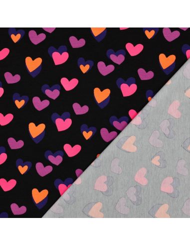 Tissu jersey imprimé - Coeurs néon fond noir
