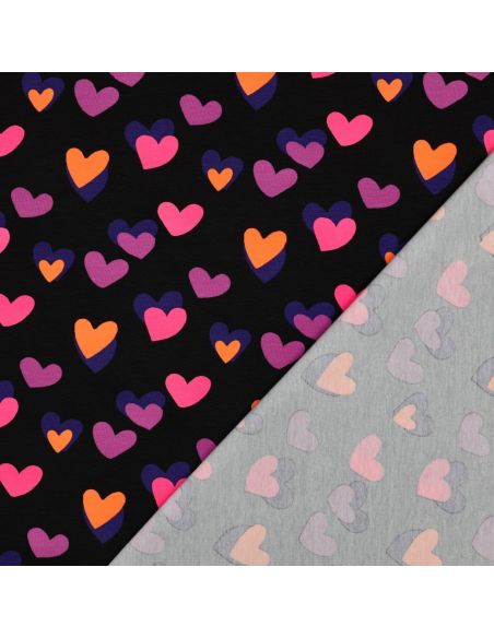 Tissu jersey imprimé - Coeurs néon fond noir