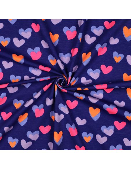 Tissu jersey imprimé - Coeurs néon fond bleu