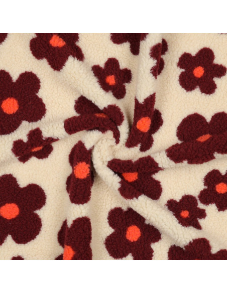 Tissu fourrure Teddy - Grosses fleurs burgundy