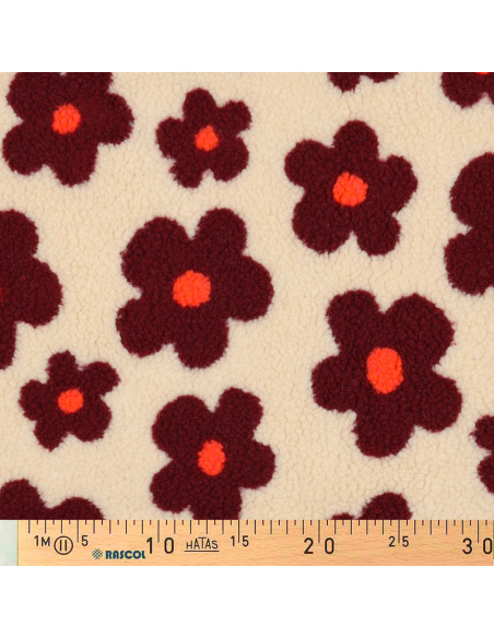 Tissu fourrure Teddy - Grosses fleurs burgundy