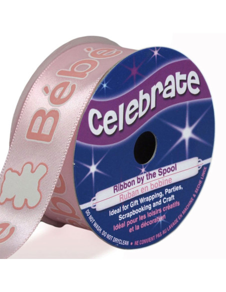 Ruban satin Celebrate rose imprimé bébé - 25 mm x 3 mètres
