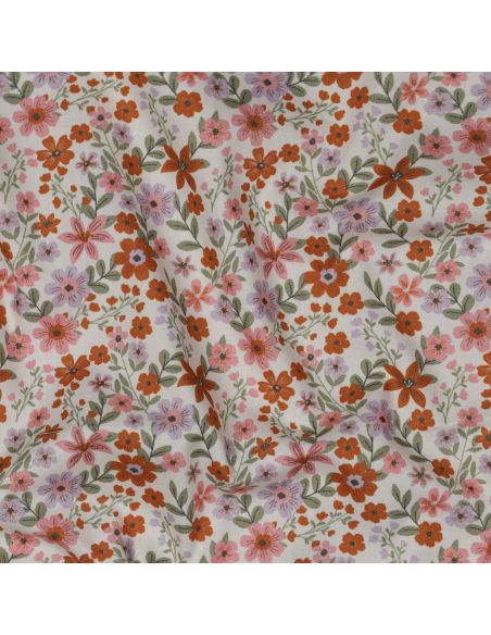 Tissu popeline de coton Cassandre - Fleurs roses et oranges fond blanc