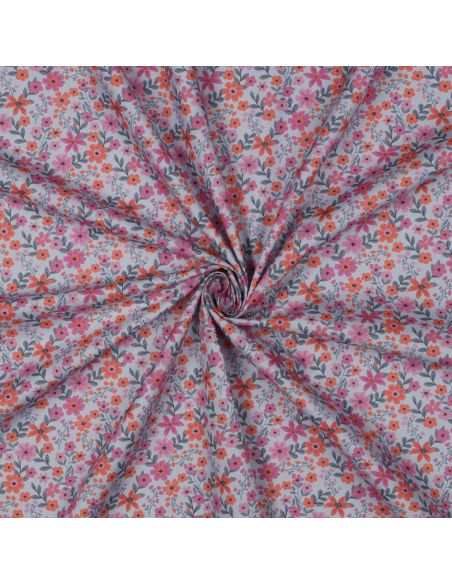 Tissu popeline de coton Cassandre - Fleurs roses et oranges fond bleu clair