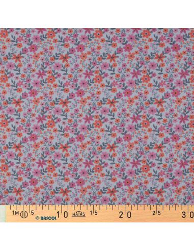 Tissu popeline de coton Cassandre - Fleurs roses et oranges fond bleu clair