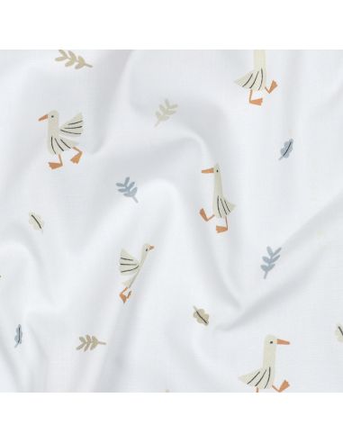 Tissu popeline de coton à la ferme - Oies fond blanc