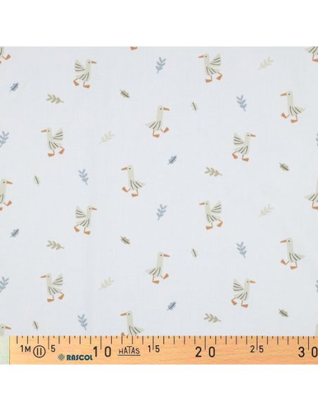 Tissu popeline de coton à la ferme - Oies fond blanc
