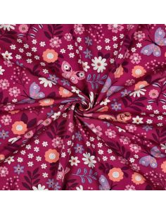 Tissu sweat léger papillon et fleur - Rose fond fuchsia