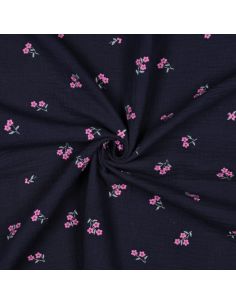 Tissu double gaze de coton brodé fleurs - Bleu marine