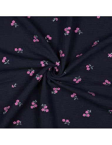 Tissu double gaze de coton brodé fleurs - Bleu marine