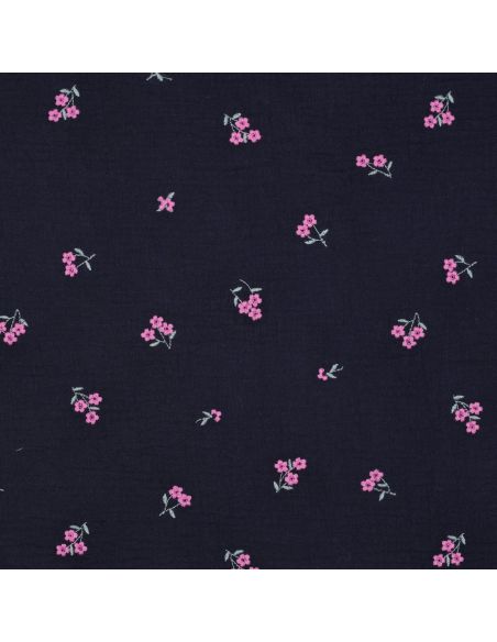 Tissu double gaze de coton brodé fleurs - Bleu marine